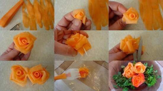 عکس, هویج آرایی به شکل ماکارونی پیچ و گل برای روی سالاد