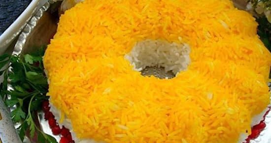 عکس, تزیین های برنج زعفرانی و زرشک شبیه کیک